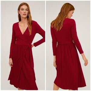 NEW Mango Deep Red Sweater Wrap Midi Dress